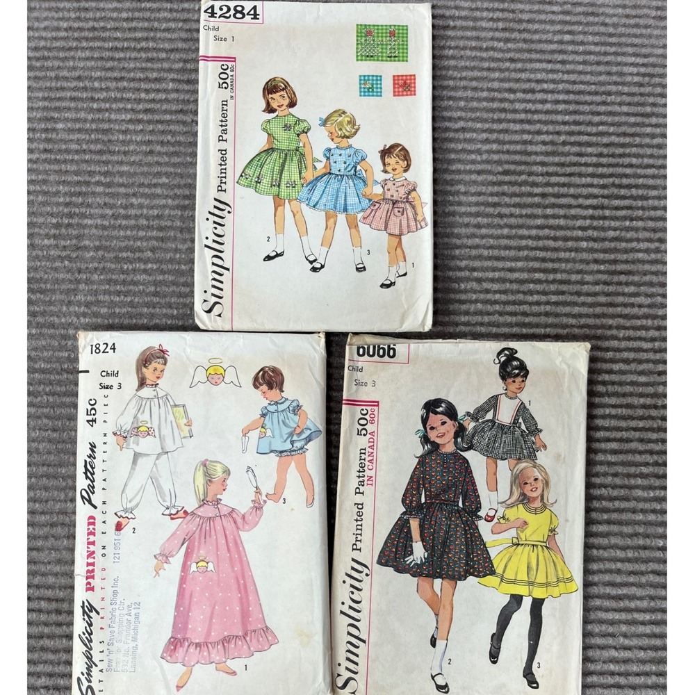 Vintage Simplicity Pattern‎ Lot 1824 4284 6066 Child Size 1-3 Dress Pajamas 60s